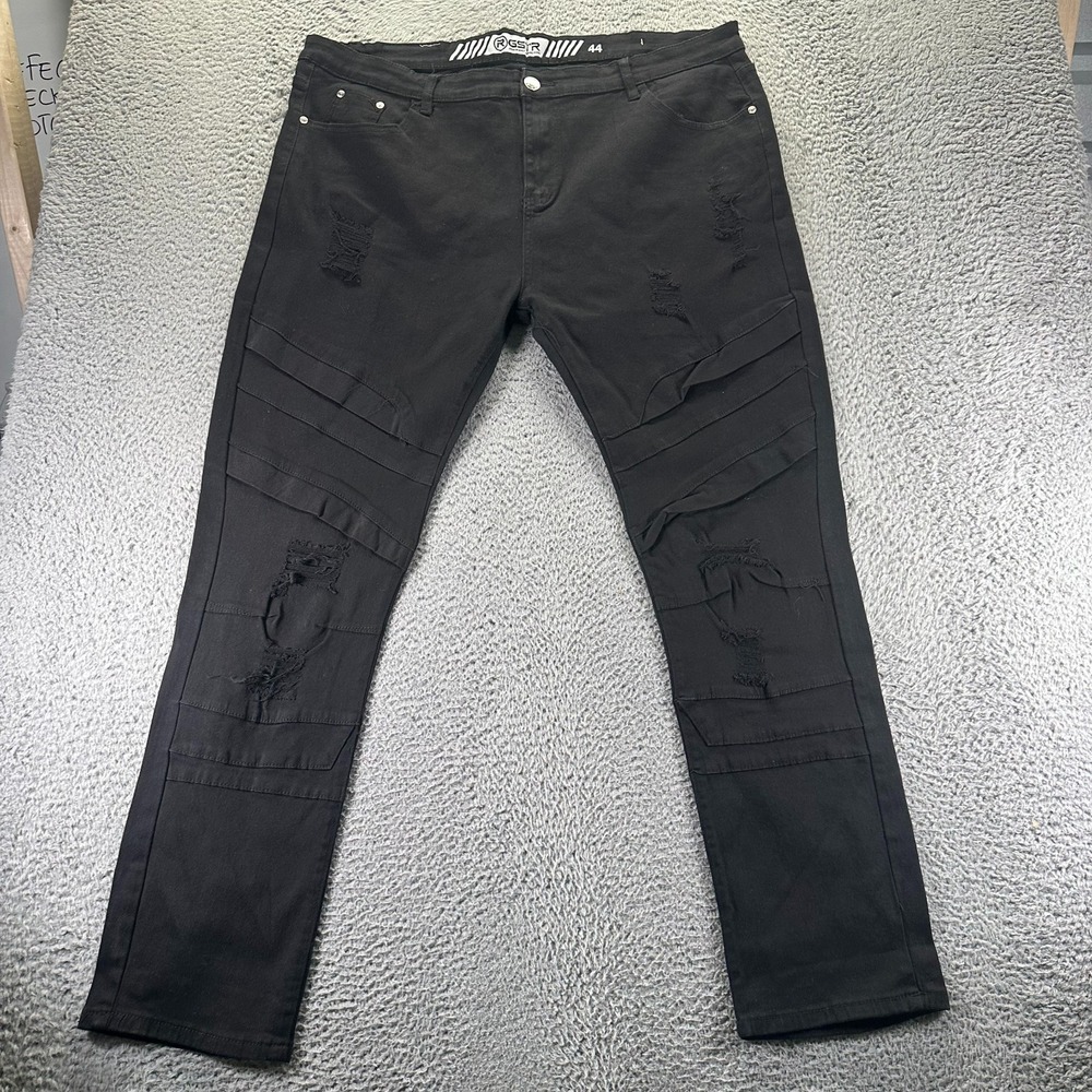 GSTR‎ Jeans Mens 42x33 Black Denim Straight Leg Ripped Distressed Biker Stretch